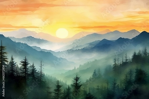 Watercolor-style landscape of mountains and forests, painted nature. Generative AI © David