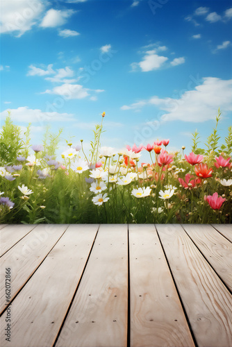 wooden background with flowers for spring theme