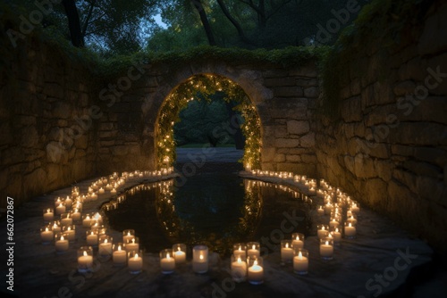 Enchanting water portal with candlelights. Generative AI