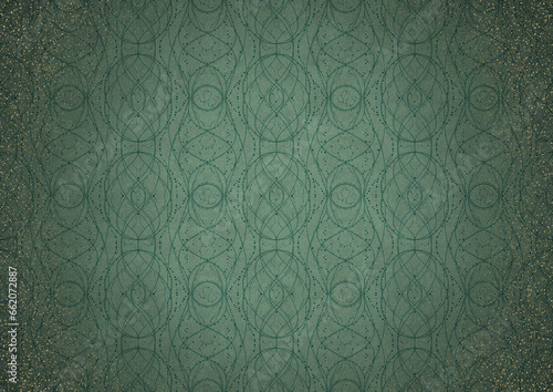 Hand-drawn abstract ornament. Dark green on light cold green background, with vignette of darker background color and splatters of golden glitter. Paper texture. A4. (pattern: p10-2c)