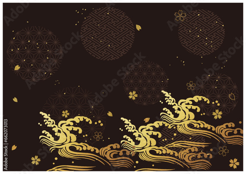 金箔和柄模様黒背景