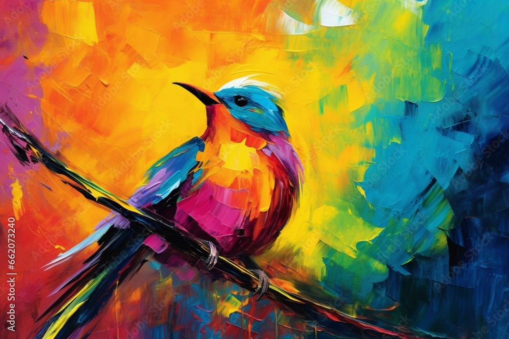 Fototapeta premium Bright abstract bird with vibrant colors against a dark backdrop. Generative AI