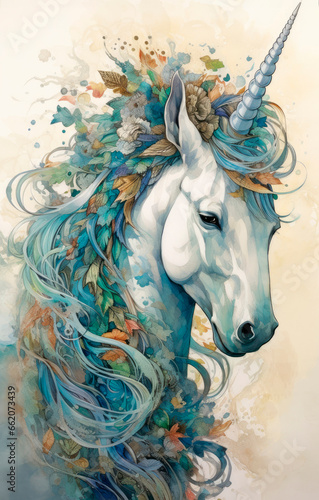 Illustration of a beautiful white unicorn with flowers in the hair. Created with generative ai technology