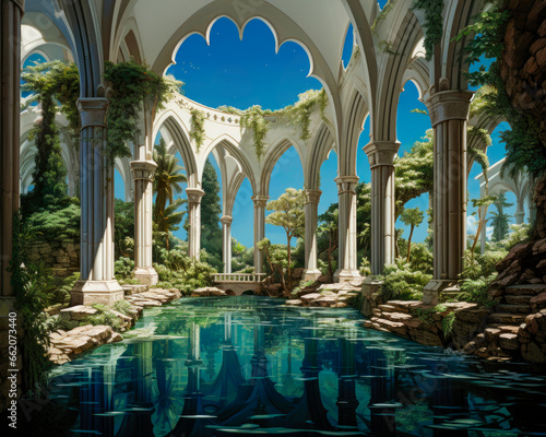 Fantasy building with arches and columns reflected on a pool. Created with generative ai technology.