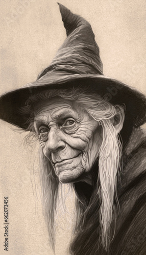 A portrait of an  old witch with a kindly look. Created with generated ai technology.