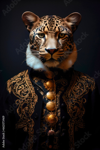 Portrait of an royal leopard with an embroidered jacket in gold, Created with generative ai technology.