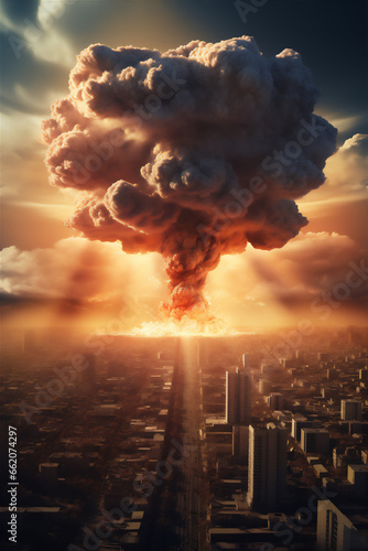 illustration of a nuclear bomb exploded in the middle of a metropolitan city, thick smoke like giant mushrooms in the sky, dust scatters in all directions, blast wave destroyed the city.