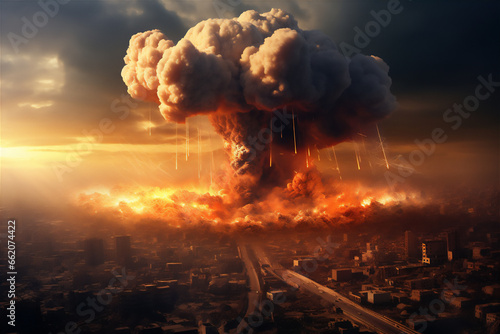 illustration of a nuclear bomb exploded in the middle of a metropolitan city, thick smoke like giant mushrooms in the sky, dust scatters in all directions, blast wave destroyed the city.