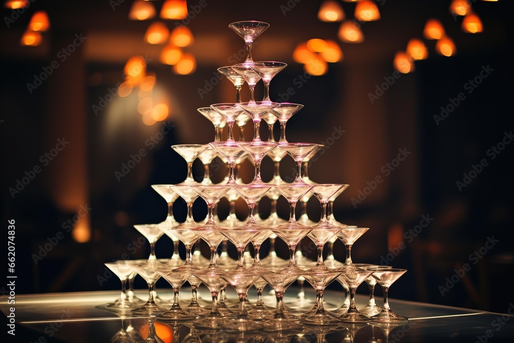 Stacked, empty wine glasses forming a pyramid shape in soft focus