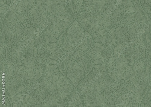 Hand-drawn unique abstract symmetrical seamless ornament. Dark semi transparent green on a light warm green background color. Paper texture. A4. (pattern: p09a)