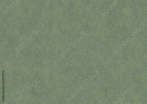 Hand-drawn unique abstract symmetrical seamless ornament. Dark semi transparent green on a light warm green background color. Paper texture. A4. (pattern: p10-1c)