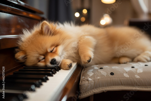 Close-up view at pomeranian's face white fluffy dog sleep on the piano's keyboard.