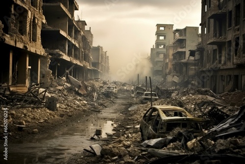 Urban devastation caused by war and explosive attacks. Generative AI