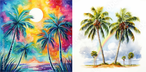 Hawaii tropic paradise palm watercolor sunrise silhouette graphic sunlight resort exotic