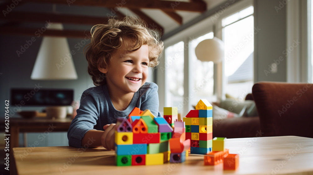 Caucasian boy playing with colorful building blocks, showcasing creativity, learning, and development - obrazy, fototapety, plakaty 