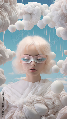 Surreal Vision of a Woman with Enormous Eyes Gazing at the Dreamy Sky in a Surrealistic Landscape photo