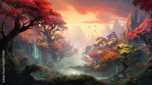 Surreal Enchantment, A Breathtaking Landscape Where Ancient Trees Awaken to the Whisperings of the Forest Goddess