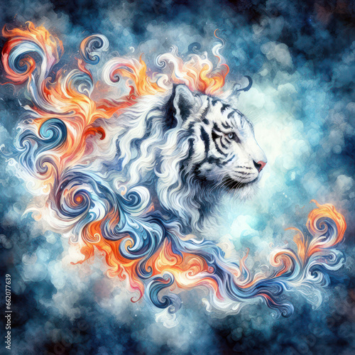 Fantasy watercolor painting of a white tiger with swirling fire against a blue backdrop.generative AI.