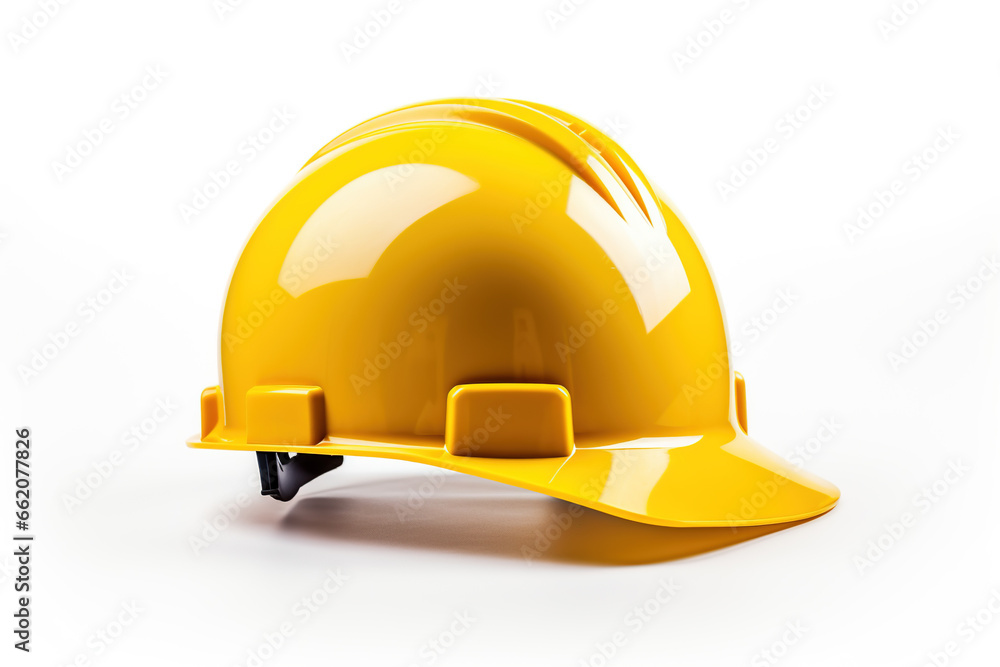 Yellow construction helmet, isolated on a white background, glossy finish, and adjustable chin strap, safety gear, hazardous workplaces Yellow construction helmet, isolated on a white background, glossy finish, and adjustable chin strap, safety gear, hazardous workplaces