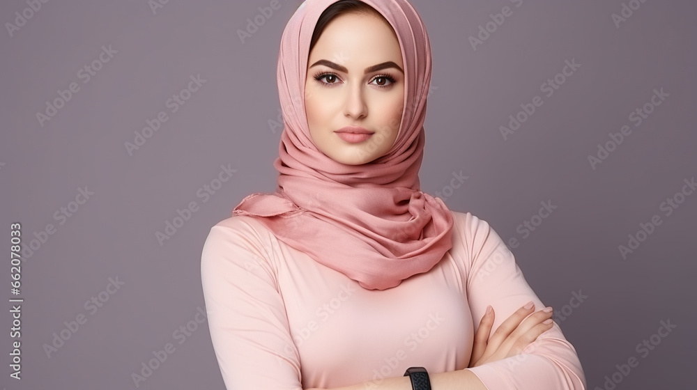 Muslim woman isolated on a white background with arms crossed, confidence and strength, cultural identity, religious faith Muslim woman isolated on a white background with arms crossed, confidence and strength, cultural identity, religious faith