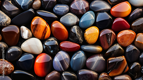Glistening Gems of Nature: An Array of Polished Stones Showcasing the Earth's Palette Through Generative AI Interpretation 