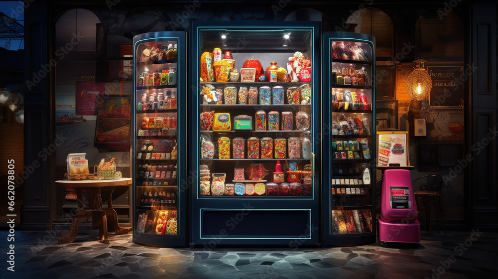 Delightful Vending Machine Dispensing a Wide Array of Tempting Gifts, Delicious Candy, and Mouthwatering Snacks to Satisfy Your Cravings and Sweet Tooth - obrazy, fototapety, plakaty 
