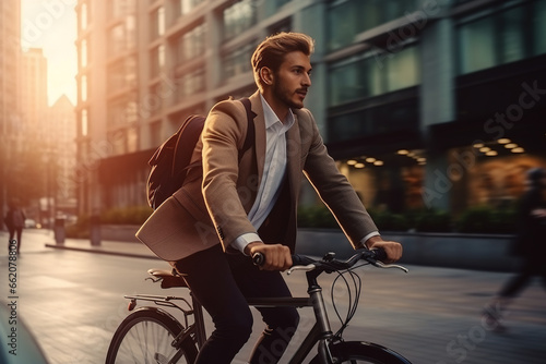 Young stylish businessman enjoying morning ride to work on bicycle, candid urban scene, eco-friendly commute © Badass Prodigy