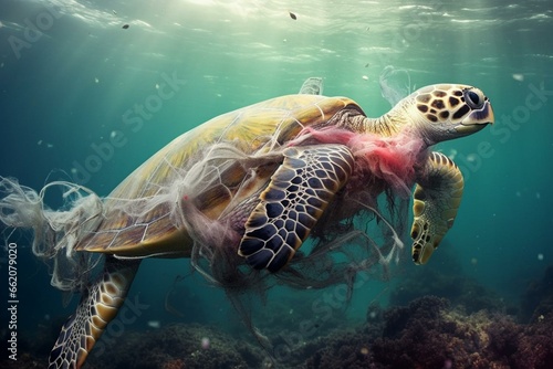 Sea turtle consumes plastic undersea  pollution issue. Generative AI © Charles
