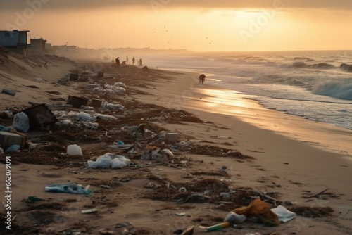 Trash heaps near beach amidst sand and waves. Generative AI