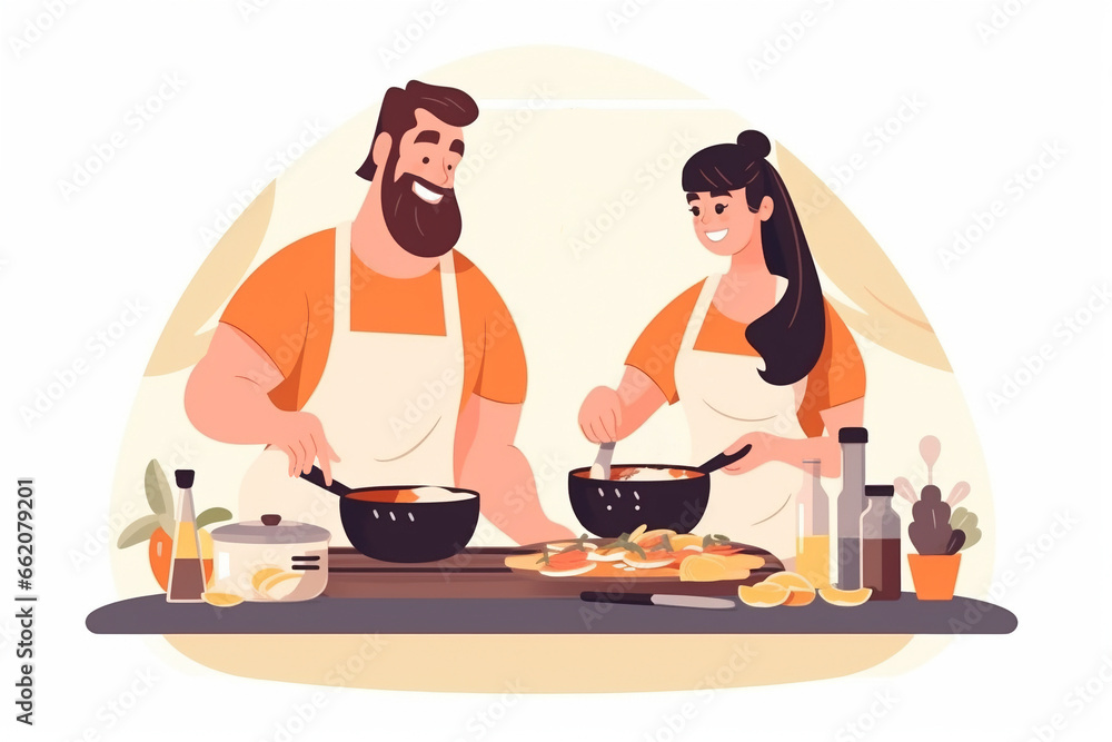 Happy couple cooking vegetable salad together vector flat illustration. People preparing healthy food on kitchen table. People cooking at home, happy couple at kitchen. Happy couple cooking vegetable salad together vector flat illustration. People preparing healthy food on kitchen table. People cooking at home, happy couple at kitchen.