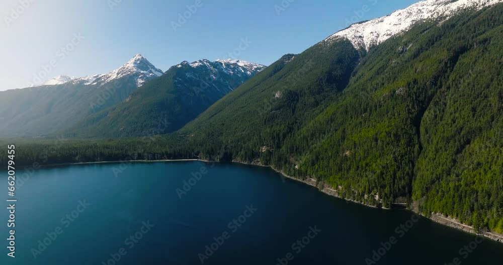 Aerial landscape view of Chilliwack Lake and mountains in spring. Aerial landscape view of Chilliwack Lake and mountains in spring.