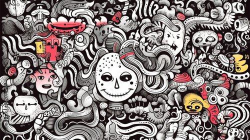 Abstract Colorful Line Art Doodle Creepy, Halloween, Kawaii doodle smiling monsters seamless pattern for child prints, designs and coloring books Vector illustration.