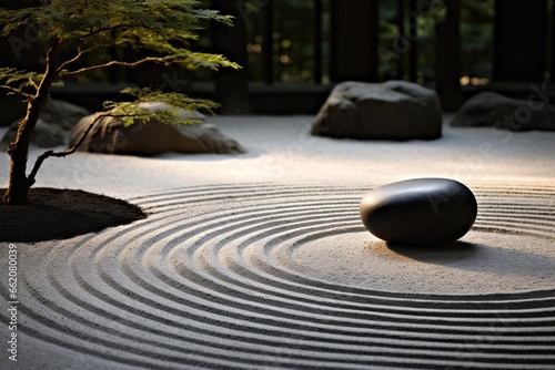 Zen garden with perfectly raked sand, circling a single black stone