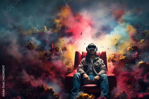 Young man seen from the front wearing virtual reality glasses with colorful