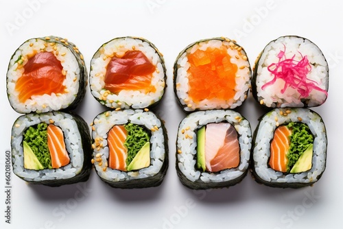 Assorted sushi rolls on white background. Generative AI