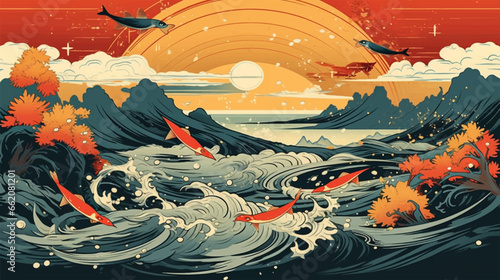 Abstract luxury oriental style background vector. Chinese and Japanese oriental line art with colorful texture. Wallpaper koi carp fish. Ocean and wave wall art. Vector illustration.
