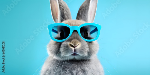 white rabbit wearing sunglasses on blue background