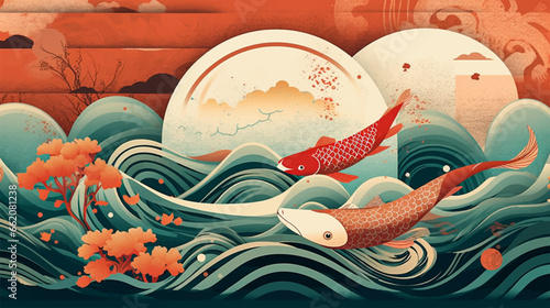 Abstract luxury oriental style background vector. Chinese and Japanese oriental line art with colorful texture. Wallpaper koi carp fish. Ocean and wave wall art. Vector illustration.