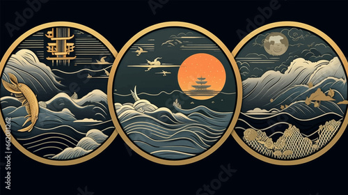 Abstract luxury oriental style background vector. Chinese and Japanese oriental line art with colorful texture. Wallpaper koi carp fish. Ocean and wave wall art. Vector illustration.