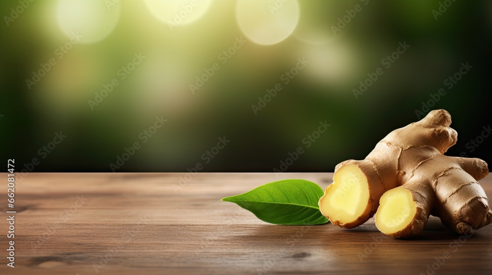 Fresh chopped ginger root on wooden rustic table. Healthy food spice concept - obrazy, fototapety, plakaty 