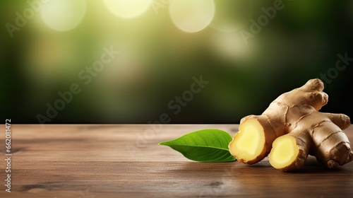 Fresh chopped ginger root on wooden rustic table. Healthy food spice concept photo