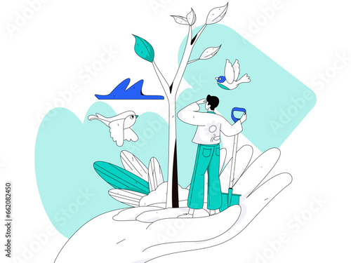 Flat character vector concept operation hand drawn illustration of planting trees on Arbor Day in spring
