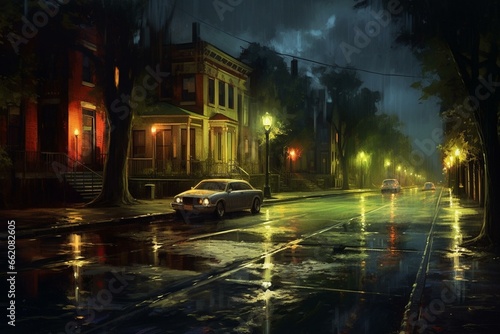 a damp road with water puddles, distant streetlight, and cars on nighttime street. Generative AI
