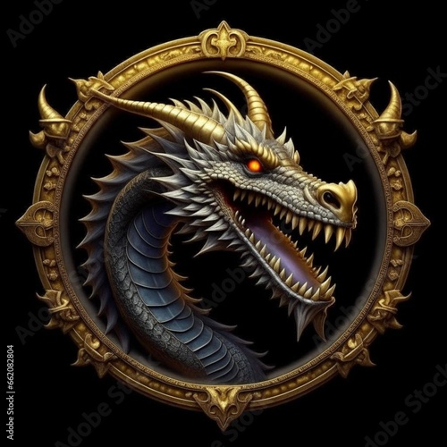 Chinese Year of the Dragon. Decorative pattern depicting a realistic oriental dragon in a round gold frame on a black background. Chinese symbol of 2024 new year. Illustration.