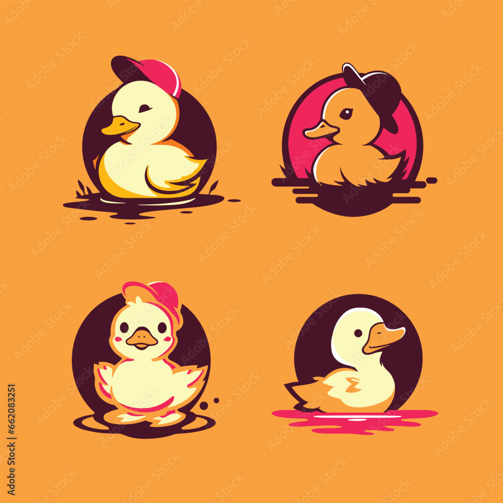 Fototapeta premium Cute Duck Logo Flat Illustration Set