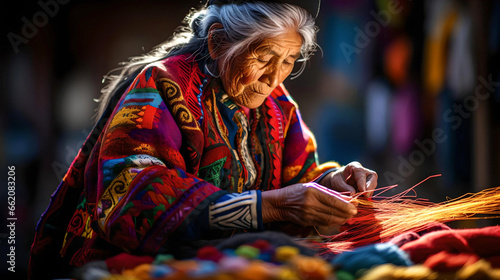 Bolivian cholita weaving traditional Bolivian ponchos, local Latin American tradition and culture, indigenous and national customs, Bolivian women working the fabric with their hands photo