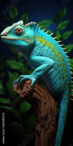 A colorful chameleon perched on a tree branch
