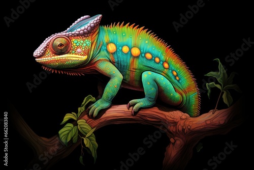 A vibrant chameleon perched on a tree branch © pham