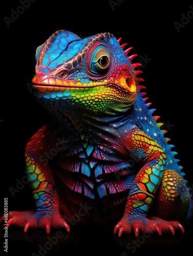 A vibrant lizard perched on a contrasting black backdrop