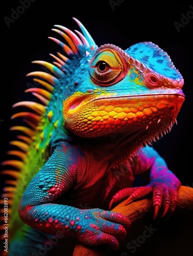 A vibrant lizard perched on a tree branch